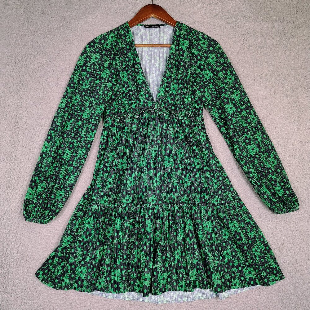 Zara Mini Dress Women's S Black Green Floral Ruffle Puff Sleeves V-Neck Cottage